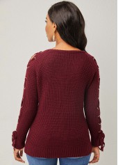Wine Red tops,Plain Color tops,ROTITA Round Neck Wine Red Lace Up Sweater