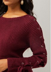Wine Red tops,Plain Color tops,ROTITA Round Neck Wine Red Lace Up Sweater