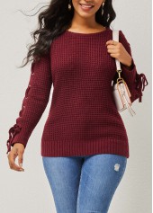 ROTITA Round Neck Wine Red Lace Up Sweater