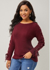 Wine Red tops,Plain Color tops,ROTITA Round Neck Wine Red Lace Up Sweater