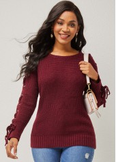 Wine Red tops,Plain Color tops,ROTITA Round Neck Wine Red Lace Up Sweater