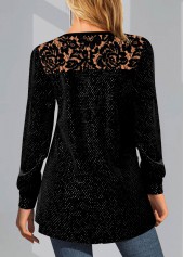 Black tops,Plain Color tops,ROTITA Solid Lace Patchwork Round Neck Long Sleeve Sweatshirt