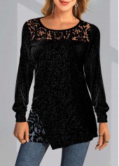 ROTITA Solid Lace Patchwork Round Neck Long Sleeve Sweatshirt