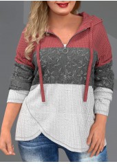 ROTITA Drawstring Quarter Zip Plus Size Lace Stitching Hoodie