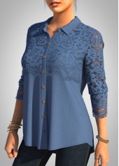 Blue tops,Plain Color tops,ROTITA Solid Lace Patchwork Turndown Collar Long Sleeve Blouse