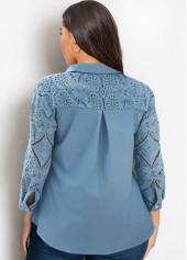 Blue plus size,Plain Color plus size,ROTITA Faux Denim Plus Size Lace Stitching Blouse