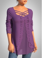 Purple tops,Plain Color tops,ROTITA Plus Size Purple Square Neck Fake Two Piece Twinset