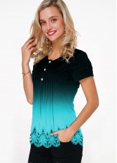 Cyan tops,Ombre tops,ROTITA Gradient Button Detail Lace Hem T Shirt