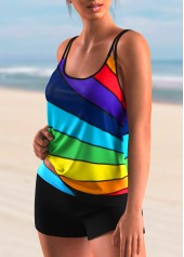 Multi Color swimwear,Striped swimwear,ROTITA Rainbow Color Stripe Print Tankini Set