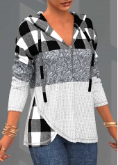 Grey tops,Plaid tops,ROTITA Plaid Lace Patchwork Long Sleeve Hoodie
