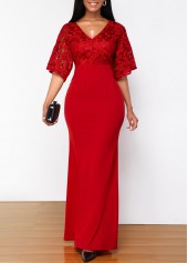 Red dresses,Plain Color dresses,ROTITA Solid Lace Patchwork V Neck 3/4 Sleeve Dress