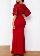 Red dresses,Plain Color dresses,ROTITA Solid Lace Patchwork V Neck 3/4 Sleeve Dress