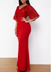 Red dresses,Plain Color dresses,ROTITA Solid Lace Patchwork V Neck 3/4 Sleeve Dress