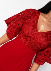 Red dresses,Plain Color dresses,ROTITA Solid Lace Patchwork V Neck 3/4 Sleeve Dress