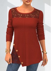 ROTITA Solid Lace Patchwork Round Neck T Shirt