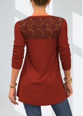 Brick Red tops,Plain Color tops,ROTITA Solid Lace Patchwork Round Neck T Shirt