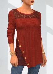 Brick Red tops,Plain Color tops,ROTITA Solid Lace Patchwork Round Neck T Shirt