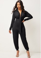 Black jumpsuits & rompers,Plain Color jumpsuits & rompers,Tie Front Deep V Neck Long Sleeve Jumpsuit