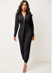 Tie Front Deep V Neck Long Sleeve Jumpsuit