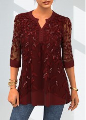 ROTITA Lace Patchwork Split Neck 3/4 Sleeve Blouse