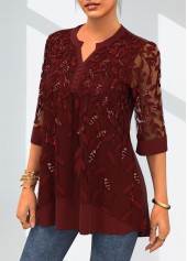 Deep Red tops,Plain Color tops,ROTITA Lace Patchwork Split Neck 3/4 Sleeve Blouse