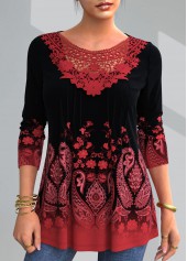 ROTITA Paisley Print Lace Patchwork T Shirt