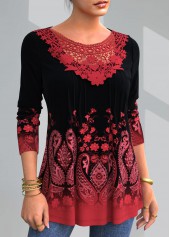 Red tops,Paisley tops,ROTITA Paisley Print Lace Patchwork T Shirt