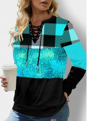 ROTITA Lace Up Plaid Cyan Sequin Sweatshirt