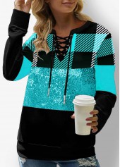 Cyan tops,Plaid tops,ROTITA Lace Up Plaid Cyan Sequin Sweatshirt