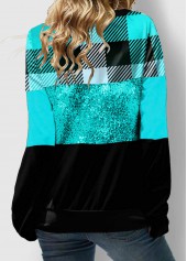 Cyan tops,Plaid tops,ROTITA Lace Up Plaid Cyan Sequin Sweatshirt