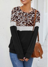 White tops,Leopard tops,Long Sleeve Leopard Round Neck Sweatshirt