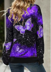 Purple tops,Animal Print tops,ROTITA Butterfly Print Drawstring Detail Cowl Neck Sweatshirt