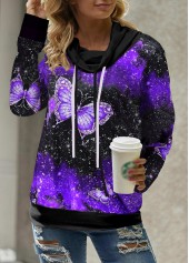 Purple tops,Animal Print tops,ROTITA Butterfly Print Drawstring Detail Cowl Neck Sweatshirt