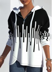 Black tops,Geometric tops,ROTITA Quarter Zip Geometric Print Drawstring Hoodie