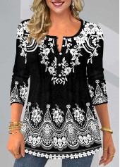 ROTITA Tribal Print Black Split Neck T Shirt