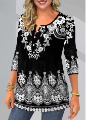 Black tops,Tribal tops,ROTITA Tribal Print Black Split Neck T Shirt