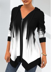 White tops,Contrast Color tops,ROTITA Asymmetric Hem White Drawstring Detail Hoodie