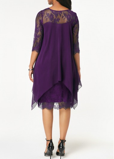 Purple dresses,Plain Color dresses,ROTITA Three Quarter Sleeve Chiffon Overlay Purple Lace Dress