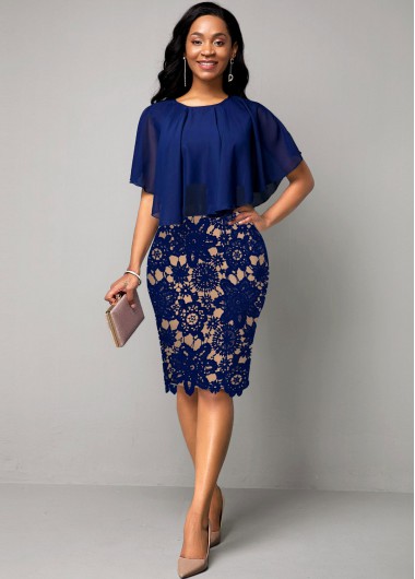 ROTITA Cape Sleeve Lace Panel Navy Blue Dress | Rotita.com - USD $36.98