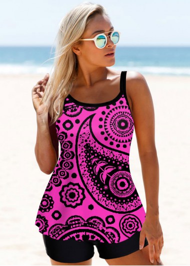 Hot Pink swimwear,Paisley swimwear,ROTITA Purple Paisley Print Wide Strap Tankini Set