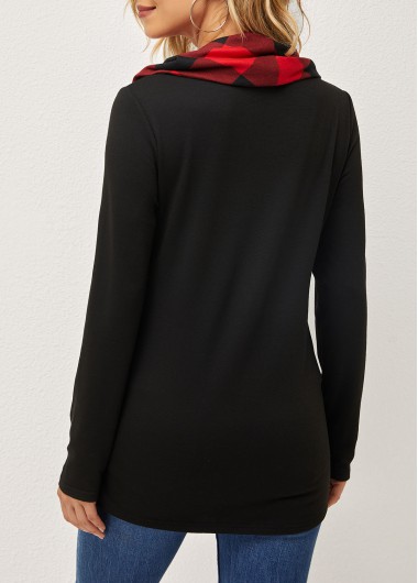Black tops,Plaid tops,ROTITA Cowl Neck Long Black Sleeve Plaid Sweatshirt
