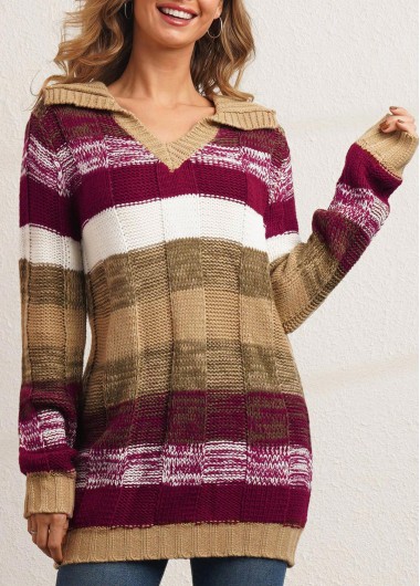 Multi Color tops,Striped tops,ROTITA Turndown Collar Long Sleeve Striped Sweater