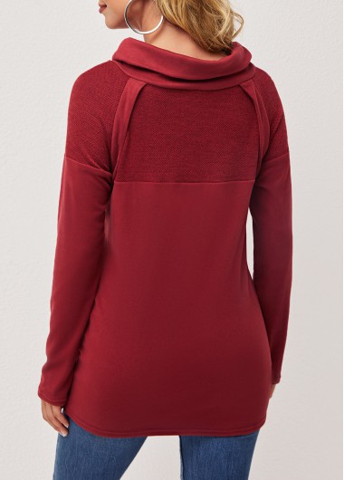 Wine Red tops,Plain Color tops,ROTITA Decorative Button Wine Red Cowl Neck T Shirt