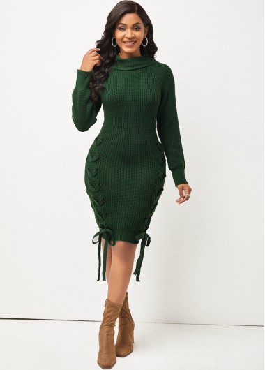 Green dresses,Plain Color dresses,ROTITA Lace Up Green Long Sleeve Sweater Dress