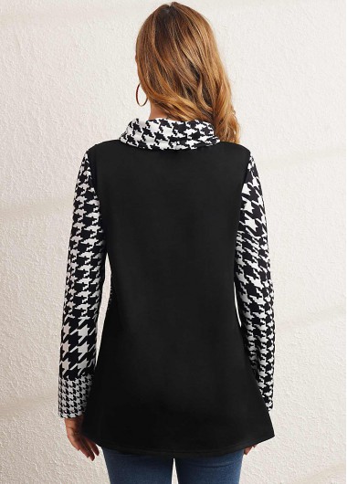 Black tops,Houndstooth tops,ROTITA Black Houndstooth Print Cowl Neck Sweatshirt