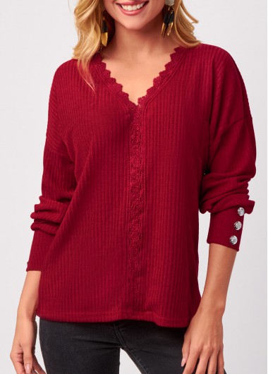 Red tops,Plain Color tops,Lace Stitching V Neck Red T Shirt
