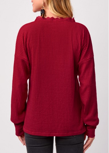 Red tops,Plain Color tops,Lace Stitching V Neck Red T Shirt