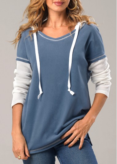 Dusty Blue tops,Contrast Color tops,ROTITA Contrast Dusty Blue Drawstring Long Sleeve Hoodie