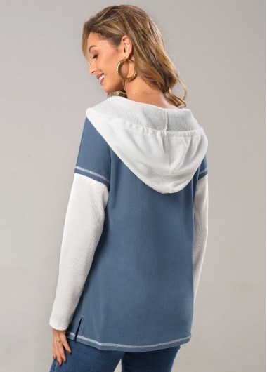 Dusty Blue tops,Contrast Color tops,ROTITA Contrast Dusty Blue Drawstring Long Sleeve Hoodie