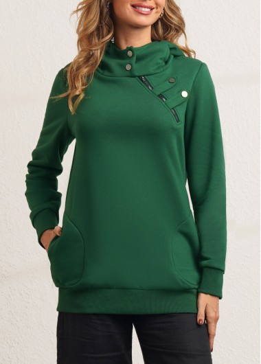 Blackish Green tops,Plain Color tops,ROTITA Dark Green Zipper Detail Long Sleeve Hoodie